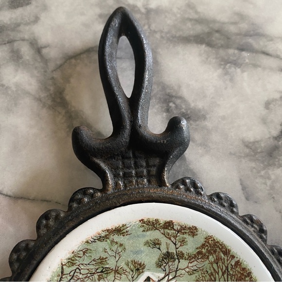 Vintage Currier & Ives Cast Iron and Tile Trivet - Picture 3 of 6